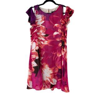 y2K Pink Floral Chiffon Ruffle Sleeve Mini Dress Sz 8 Coquette Girly Kensie